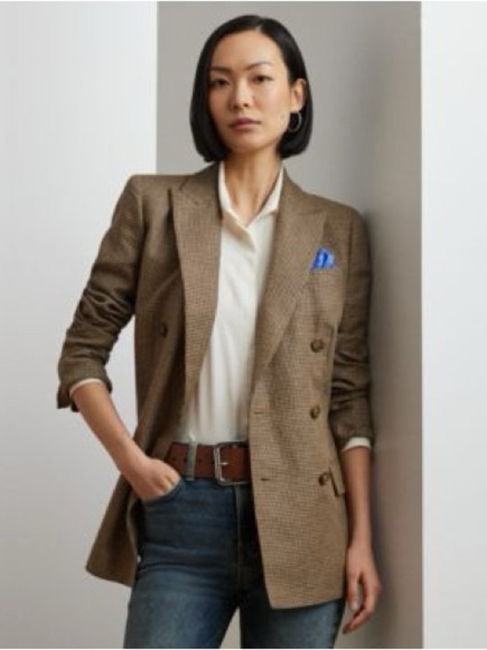 Lauren Ralph Lauren Houndstooth Double Breasted Twill Blazer Brown Tan Jacket 6